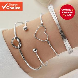 Conjunto De Pulseira De Coração Com Nó De Metal Elegante-Joias De Casal Cruz Geométrica De 4 Peças