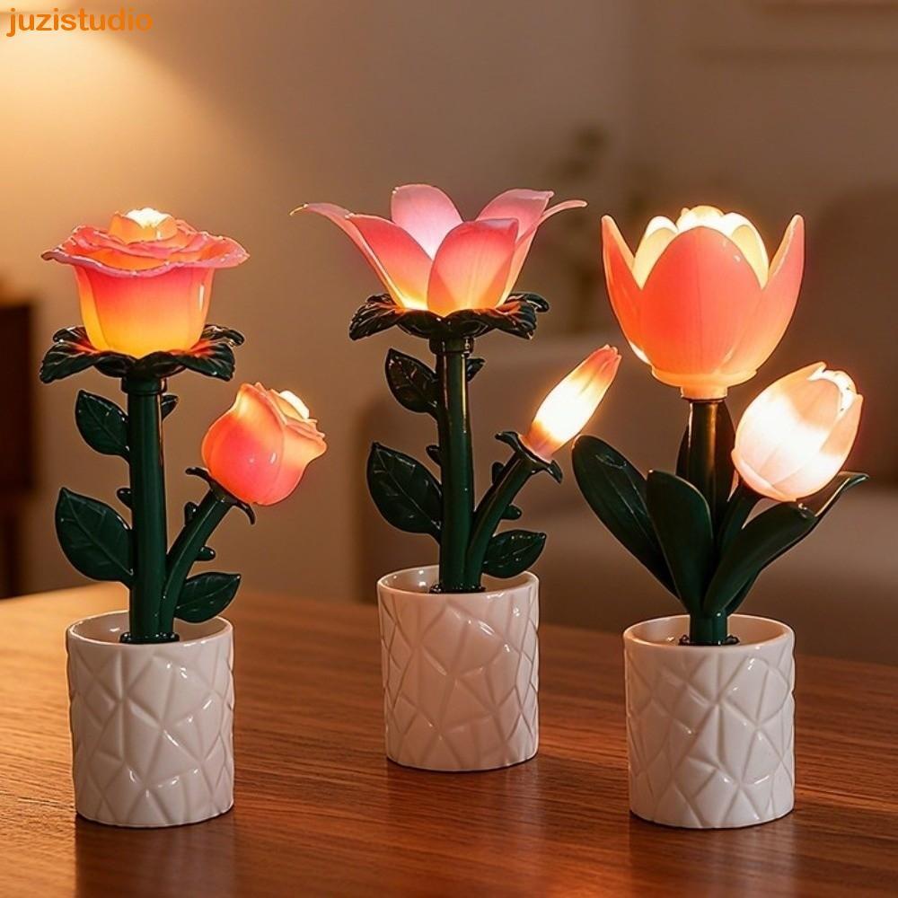JUZISTUDIO Candeeiro De Mesa De Flores , Ornamento De Lâmpada De Orquídea Tulipa Rosa/Azure , Luz De Acampamento De Plás