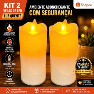 Kit 2 Velas LED Decorativas Sem Fogo Luz Amarela Realista kit com e sem pilhas inclusas/com e sem imagem, escolha a sua!