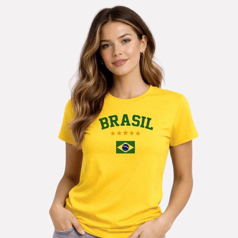 Camiseta T-Shirt Feminina Básica Algodão Brasil Torcedor Seleção Brasileira Copa 2026