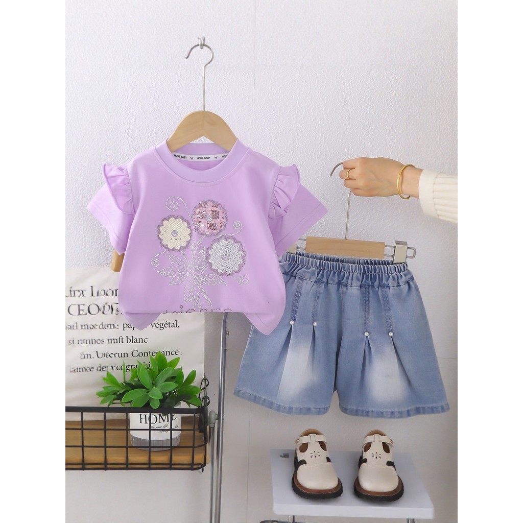 Feminino bebê vestido de verão moda manga curta terno de duas peças bebê crianças verão menina roupas finas versão