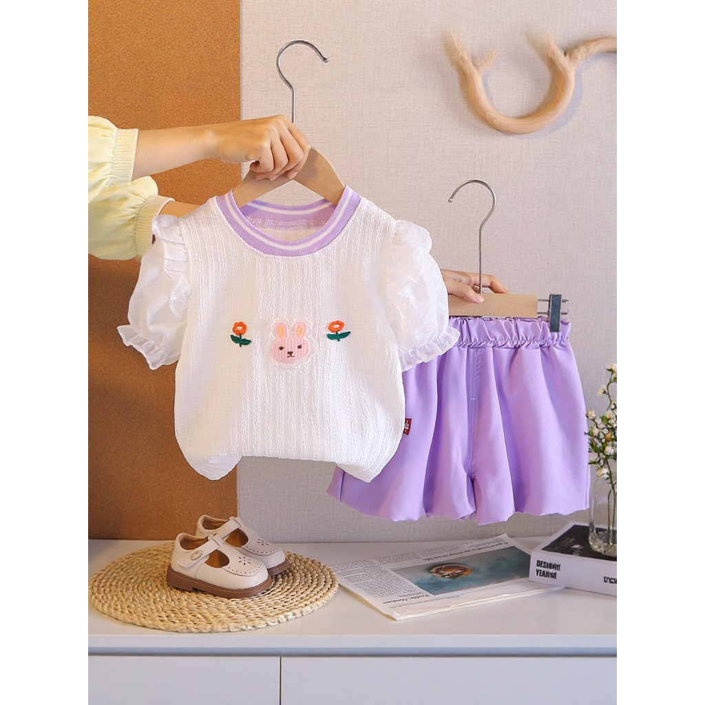 Meninas dos desenhos animados coelho terno de manga curta 2026 novo estilo bebê moda roupas de verão do bebê crianças ve