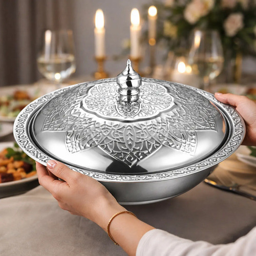 Travessa Servir Saladeira Restaurante Inox Tampa Redonda 3litros Design Premium Luxo Mesa Posta Linda