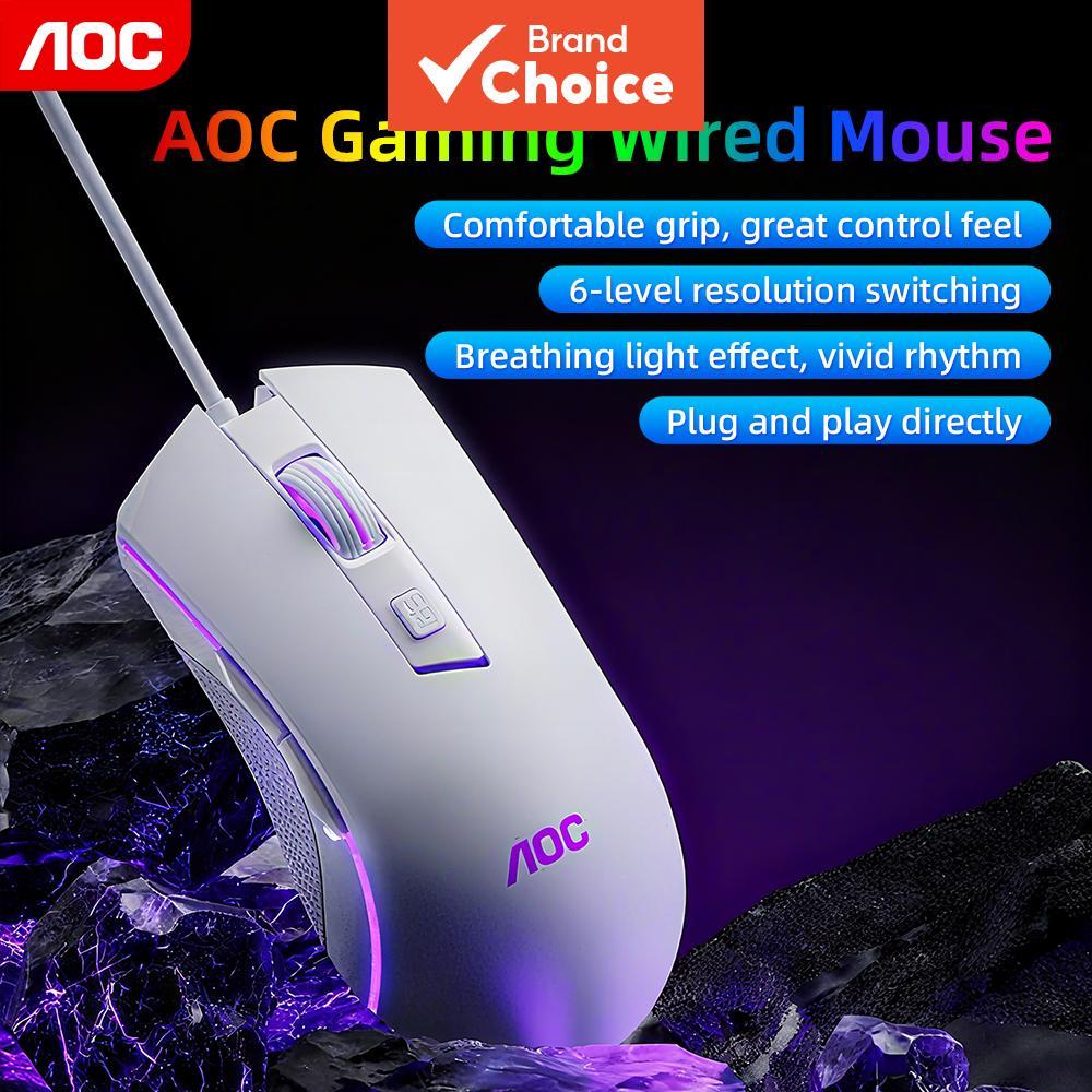 AOC GM120 Mouse Gamer com Fio com DPI ajustável em 6 níveis até 6400, Design Ergonômico, Luz RGB 7-cores com efeito de