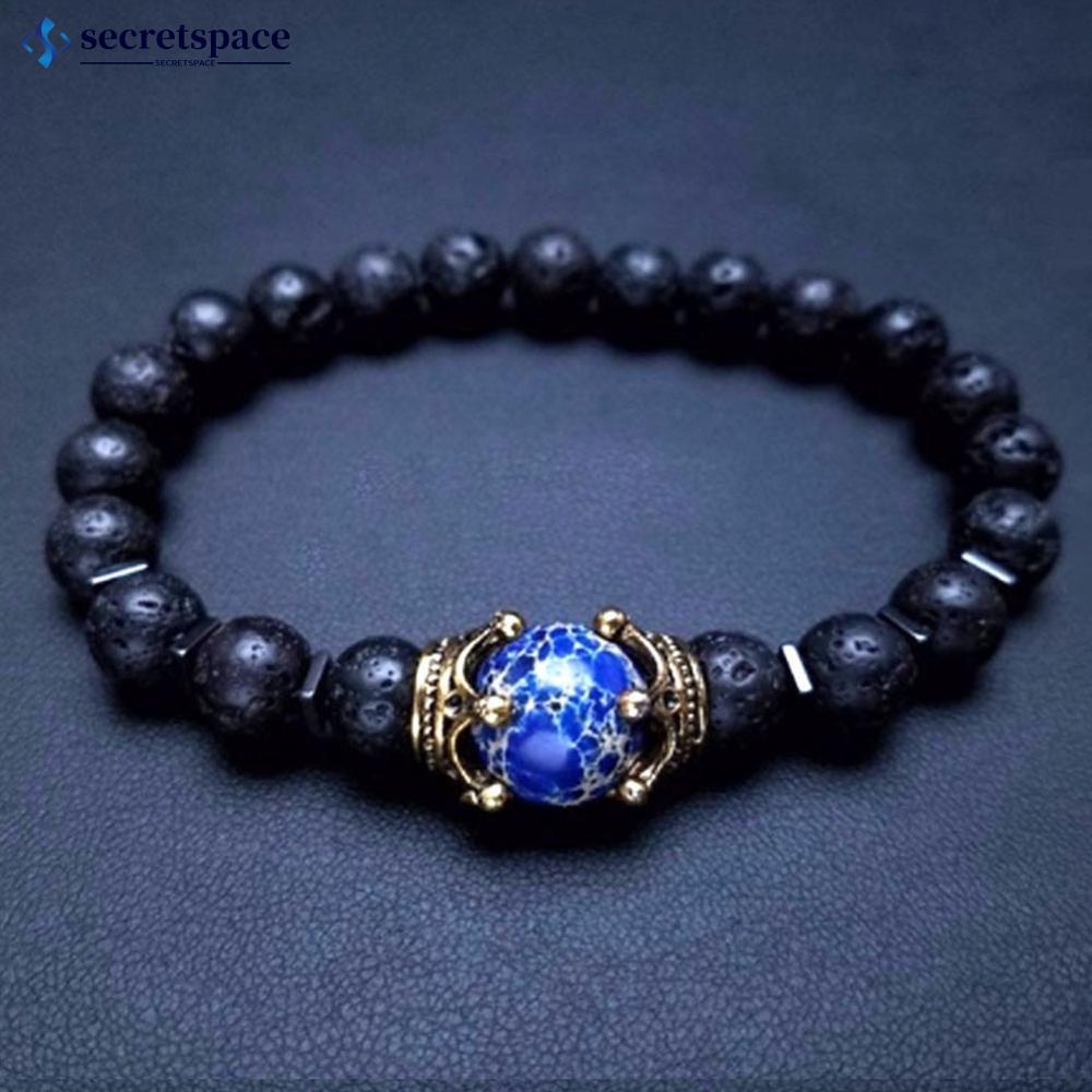 SECRETSPACE 8mm Hematita Masculina Olho De Tigre Vulcânico Preto Fosco Branco Pinho Grânulo Pulseira Corda Elástica Coro