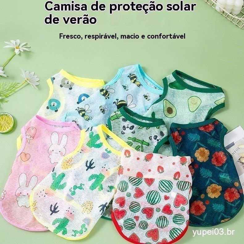 Brasil Verão Venda Quente Cães Gatos Colete Fino Respirável Protetor Solar UV Roupas Desenhos Animados Coloridos Impress