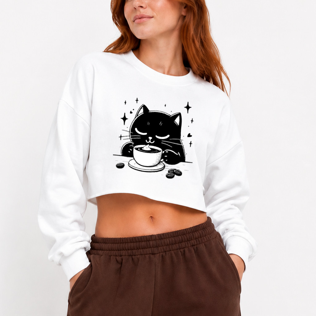 Moletom Cropped Gola Redonda Gato Coffee Fofo Cute Casaco Algodão Feminino Flanelado Blusa De Frio