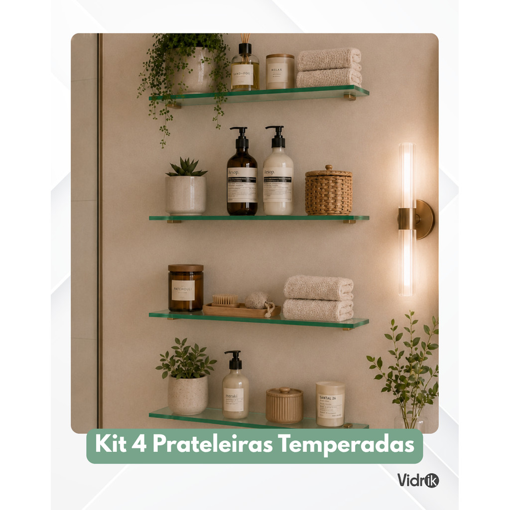 KIT 4 PRATELEIRAS TEMPERADA 50X15 INCOLOR 8 MM
