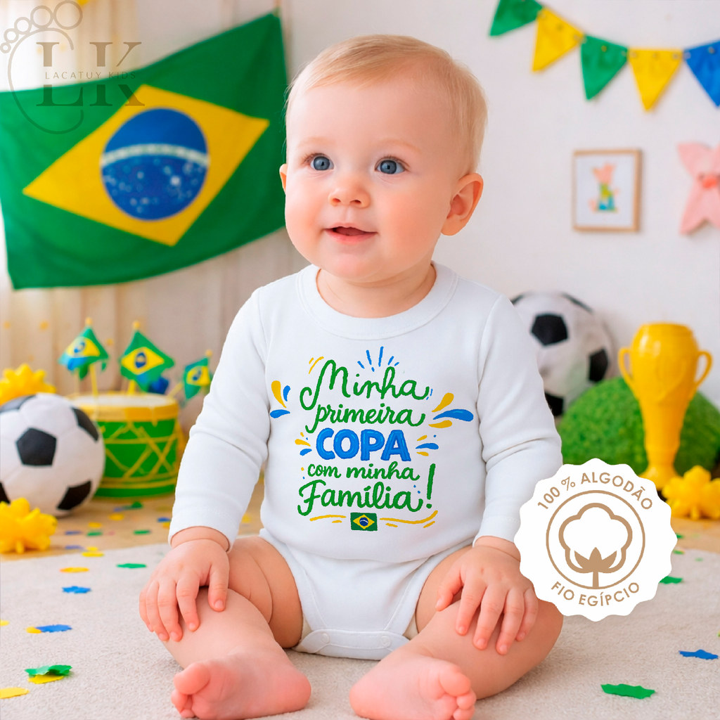 Body Bebê "Minha Primeira Copa comminha Família" 100% Algoção fio Egípcio Copa do Mundo Fifa 2026