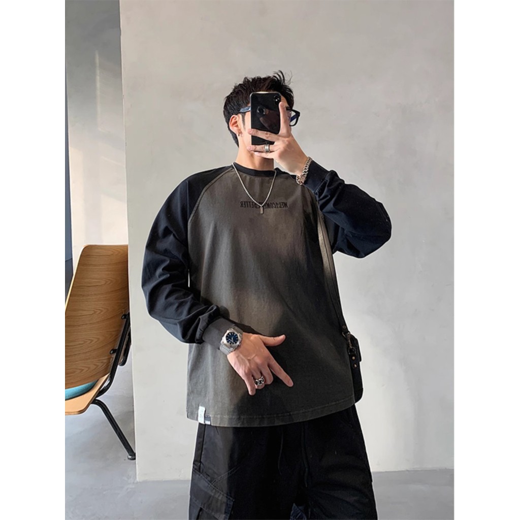 Americano Retro costura contraste cor manga comprida camiseta masculina primavera outono solto tamanho grande Casual All