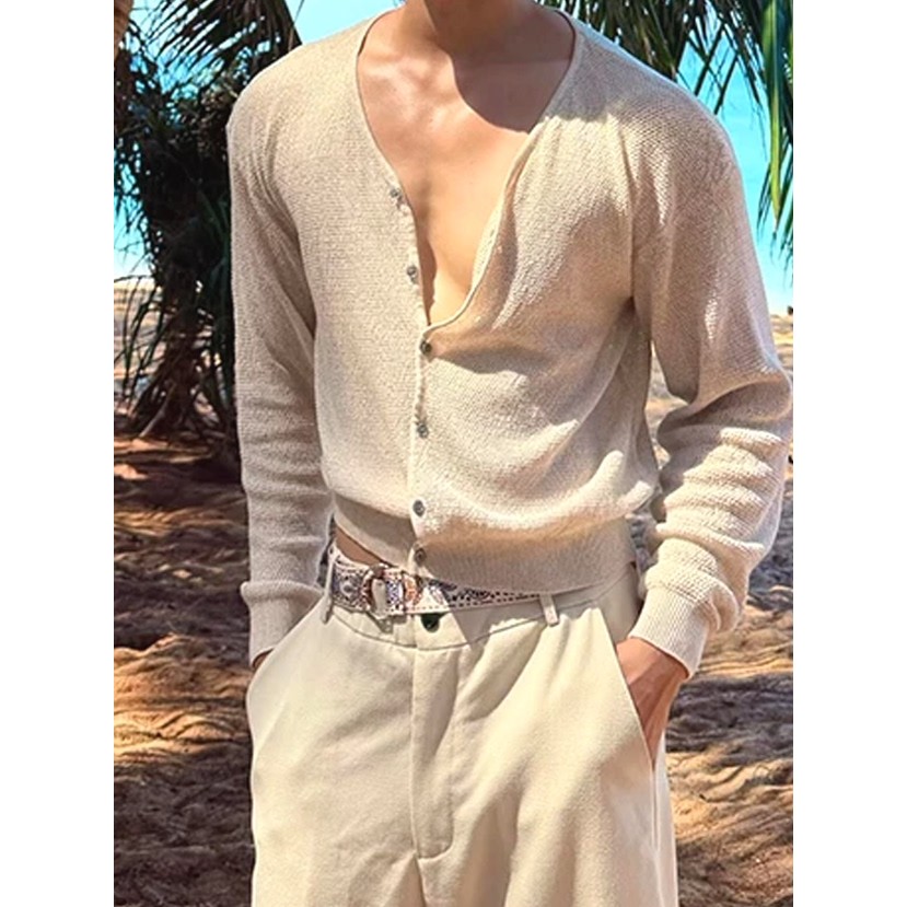 Cardigan de malha de linho Tencel estilo dinheiro antigo masculino moldar apertado manga comprida gaze protetor solar bl