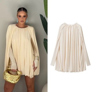 Vestido Elegante Feminino de Moda Primavera Verão, Manga Longa, Estilo Capa, Plissado, Solto, para Uso Casual e Festas
