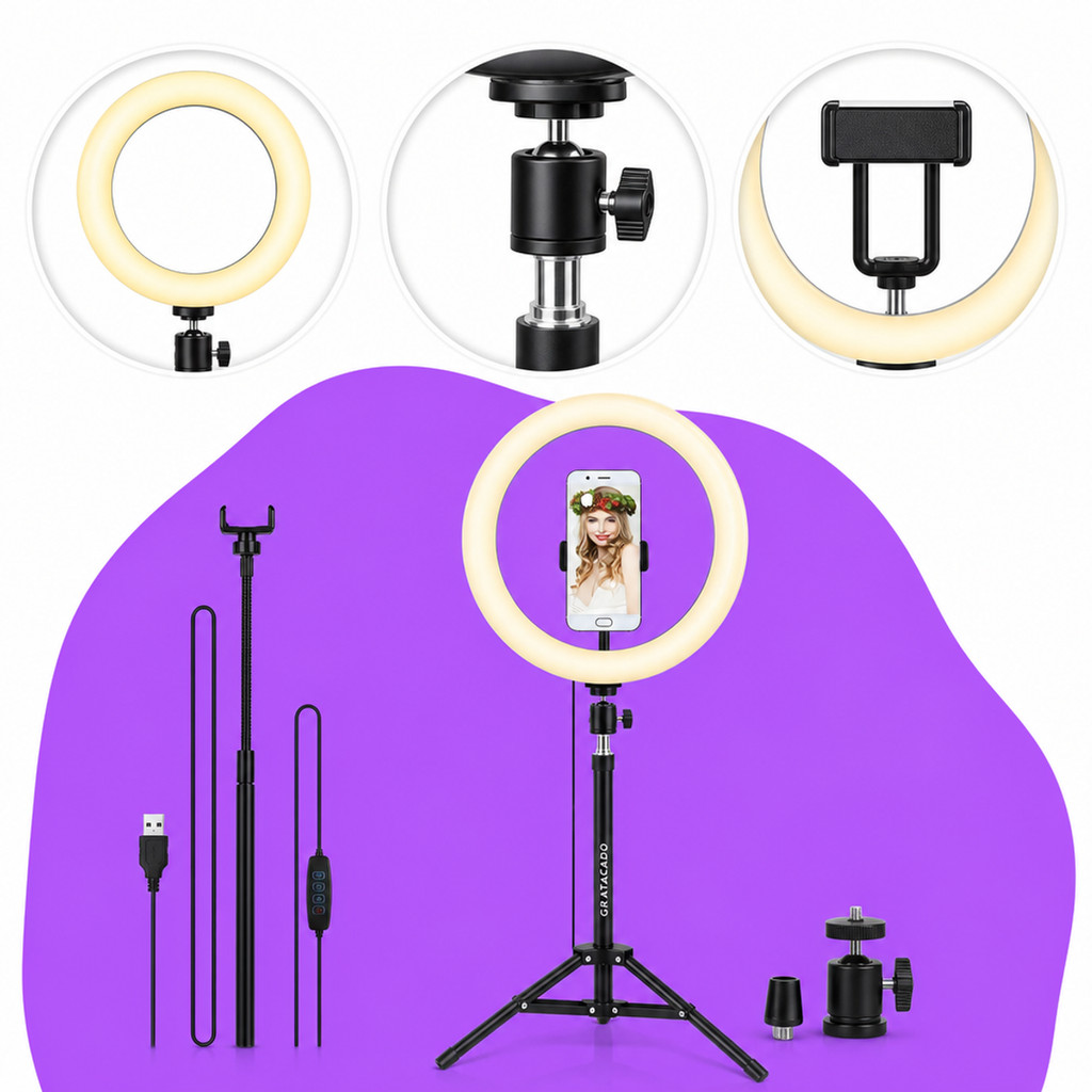 Kit Ring Light 12 Polegadas Tripé Ajustável com Suporte Celular