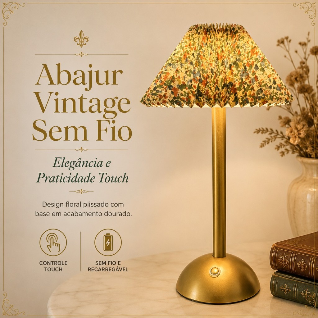 Abajur Vintage Floral Sem Fio com Acendimento Touch