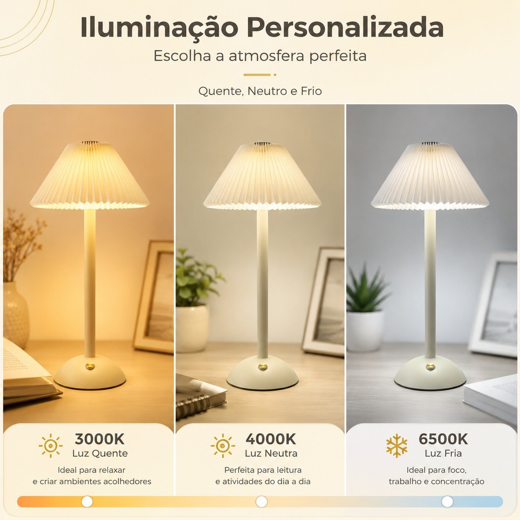 Abajur de Mesa Plissado LED 3 Cores Minimalista Creme — foto 2