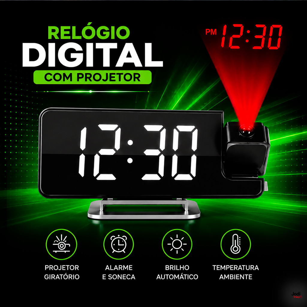 Relógio Digital LED com Projetor de Hora no Teto, Alarme e Temperatura Ambiente