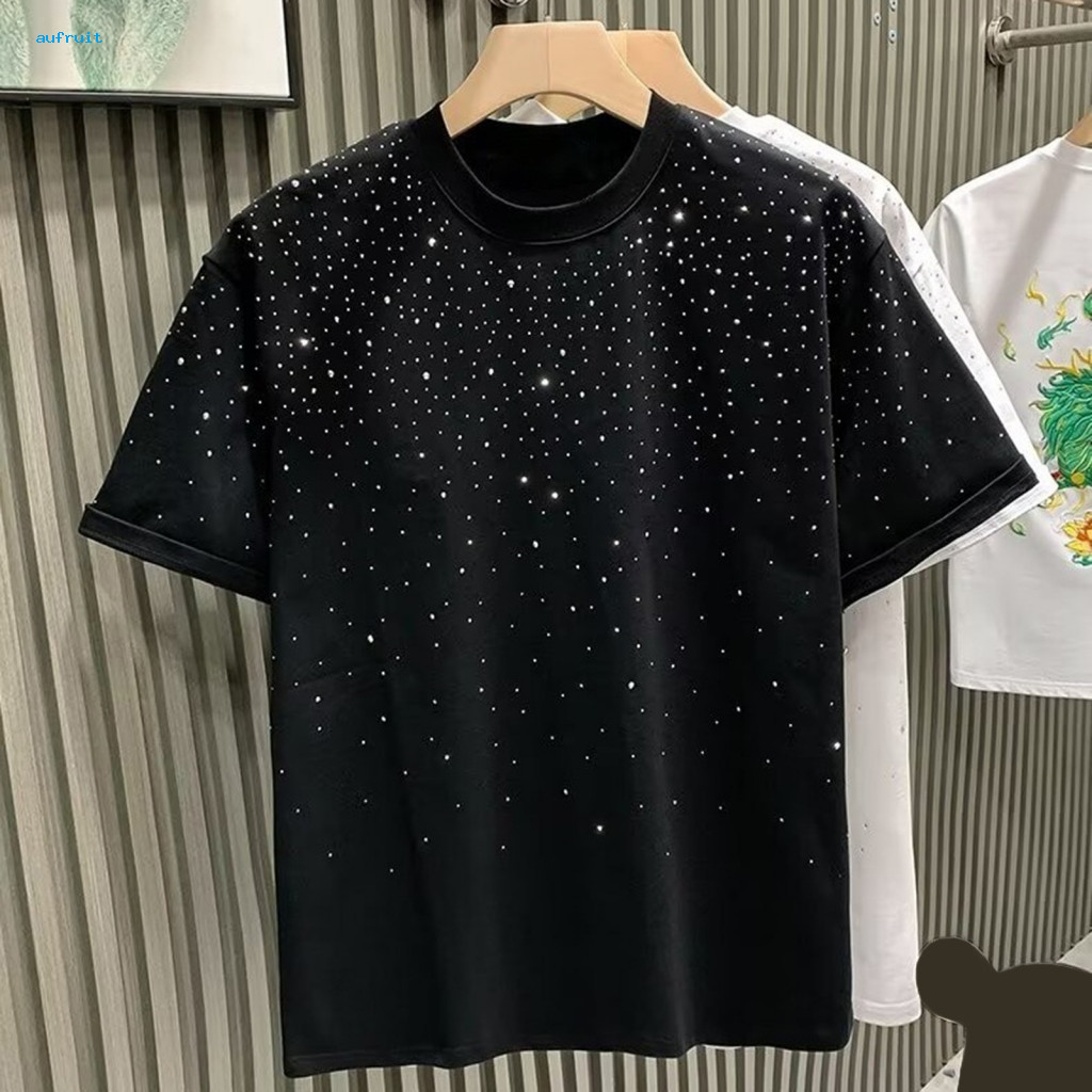 Short-sleeved Shirt Couple Summer T-shirt Rhinestone Decor Plus Size Loose Fit Round Neck Short Sleeve Pullover Mid-leng