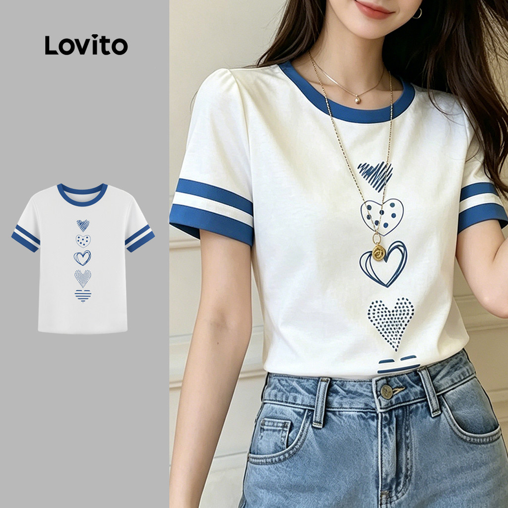 Lovito Camiseta Casual com Cores Contrastantes Estampa Camiseta Feminina Primavera/Verão LK6ED103