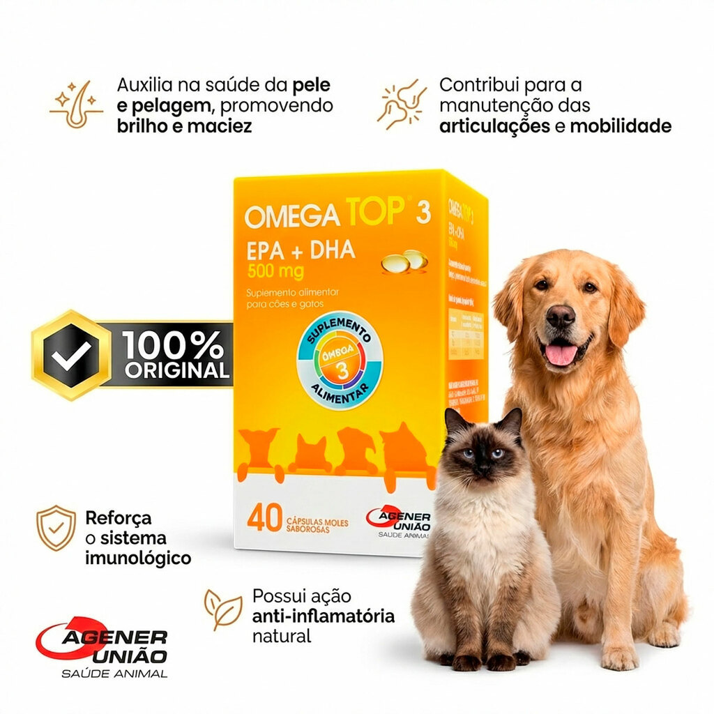 Omega Top 3 Agener União 500mg Suplemento Óleo De Peixe 40 Cápsulas Cães E Gatos