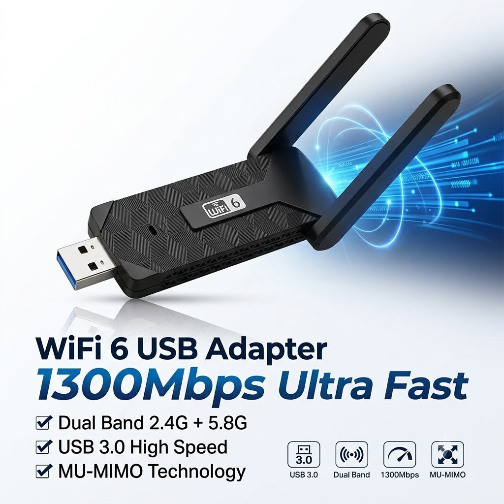 WiFi 6 1300Mbps, USB 3.0, Dual Band, sinal forte para jogos, streaming e trabalho.
