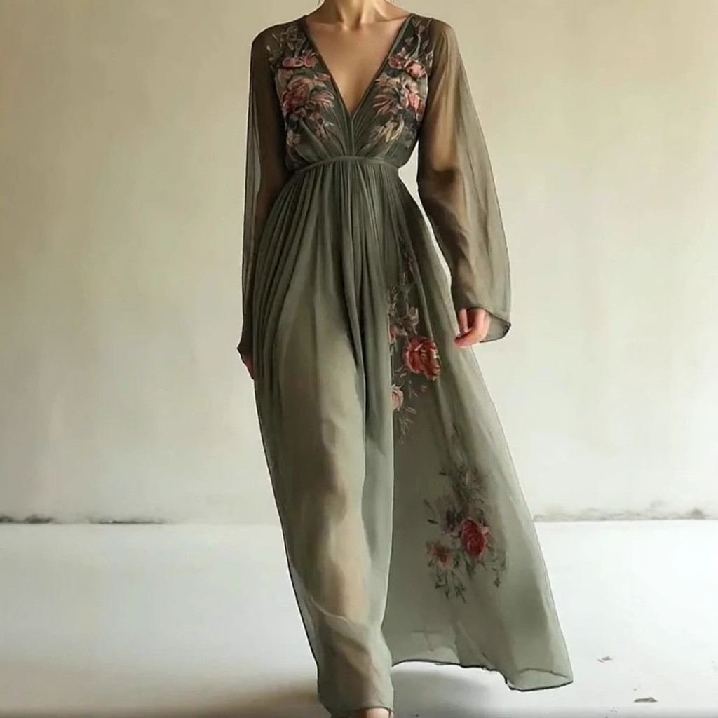 2026 Roupas femininas independente posicionamento Digital impresso manga comprida vestido longo com decote em V saia lon