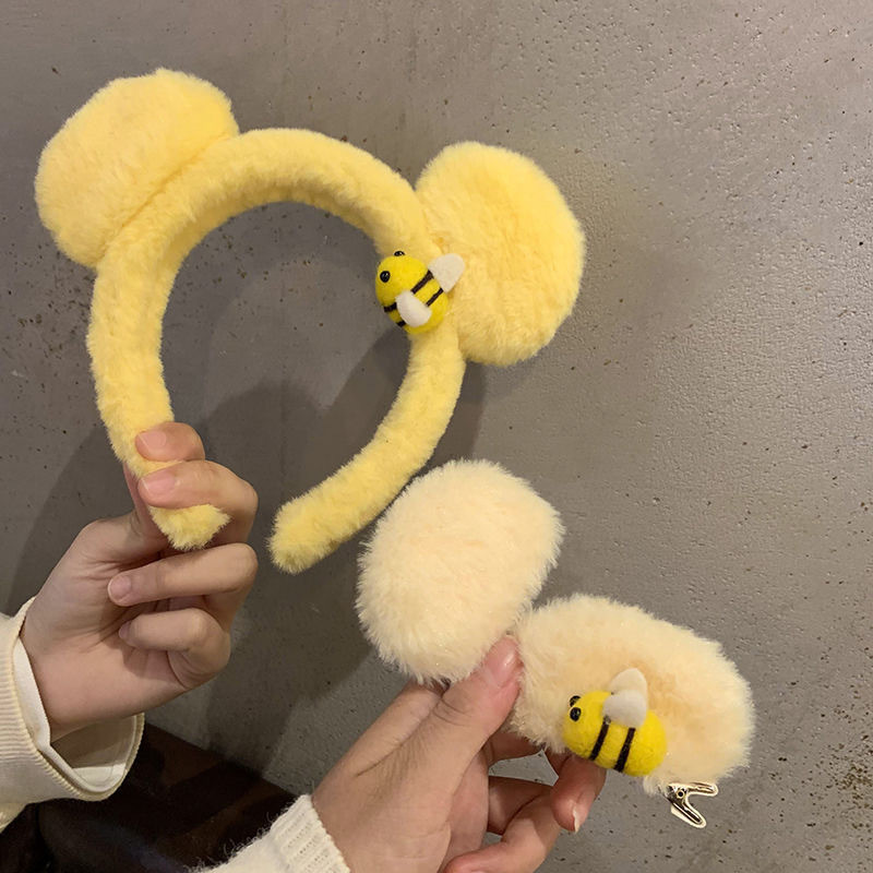 Tiara de pelúcia com orelhas de urso fofas, tiara de abelha para lavar o rosto, presilha de cabelo doce de celebridade d