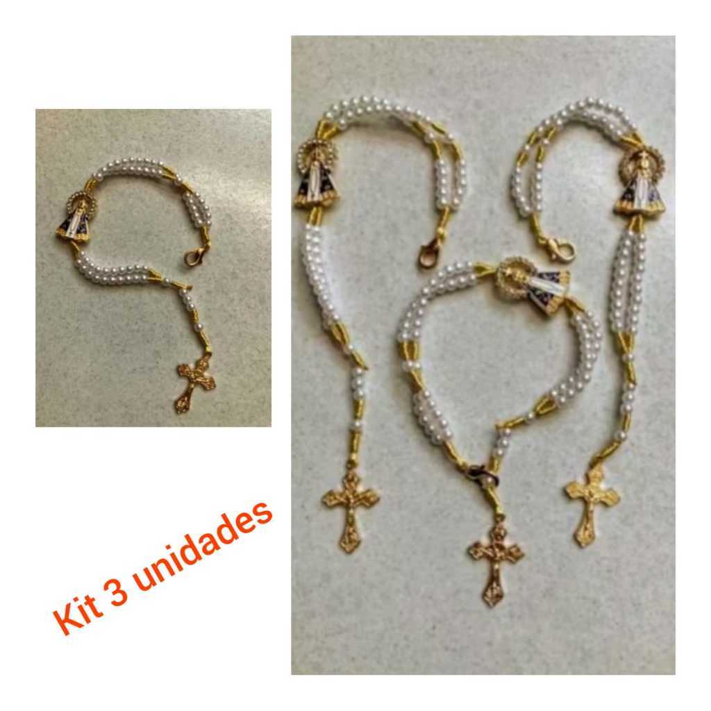 kit Revenda  3 terços de pulso pulseira em pérolas Nossa Senhora Aparecida.