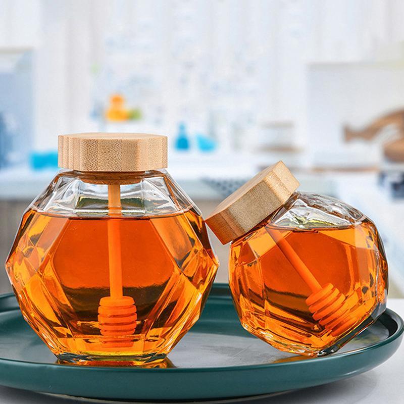 Frasco De Mel De Vidro Hexagonal 250g 500g 1000g Com Agitador De Madeira Para Embalagem De Presentes E Exibição De Mesa