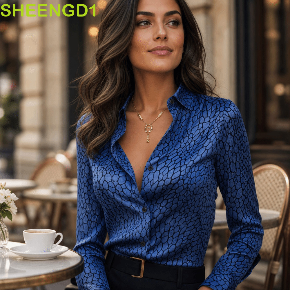 SHEENGD1 Camisas Femininas De Escritório , Blusa De Seda De Cetim Com Gola Virada Para Baixo Elegante Estampa De Leopard