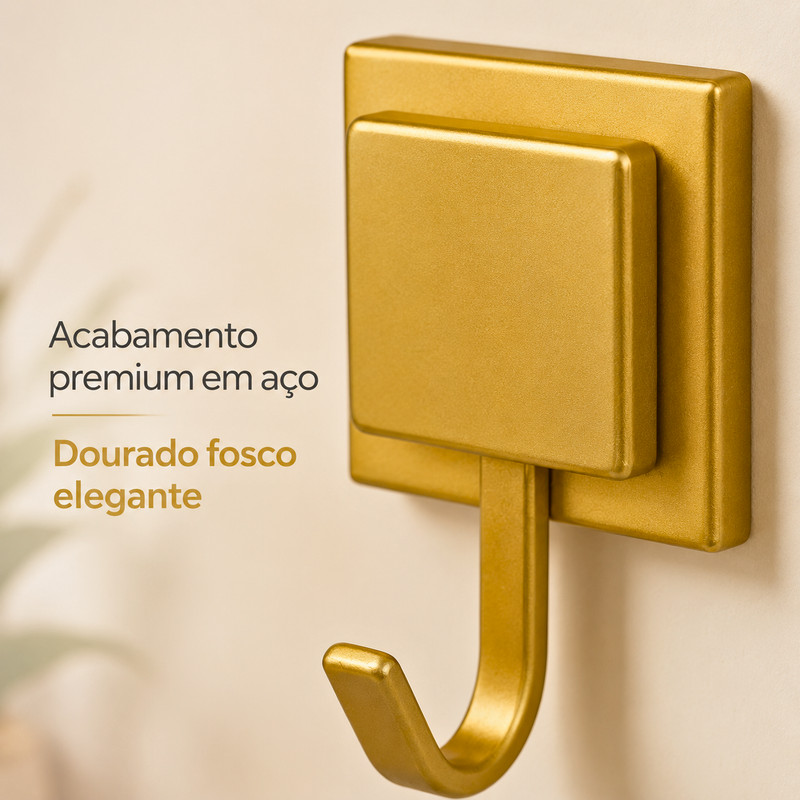 Gancho Suporte Porta Toalhas Dourado Fosco Adesivo 3M Banheiro Cozinha Lavanderia Premium Casa Primo
