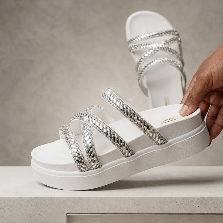 Sandália Flatform Feminina Brilho Strass Estilo Blogueira Confortável Antiderrapante Tendência Verão Promoção Limitada