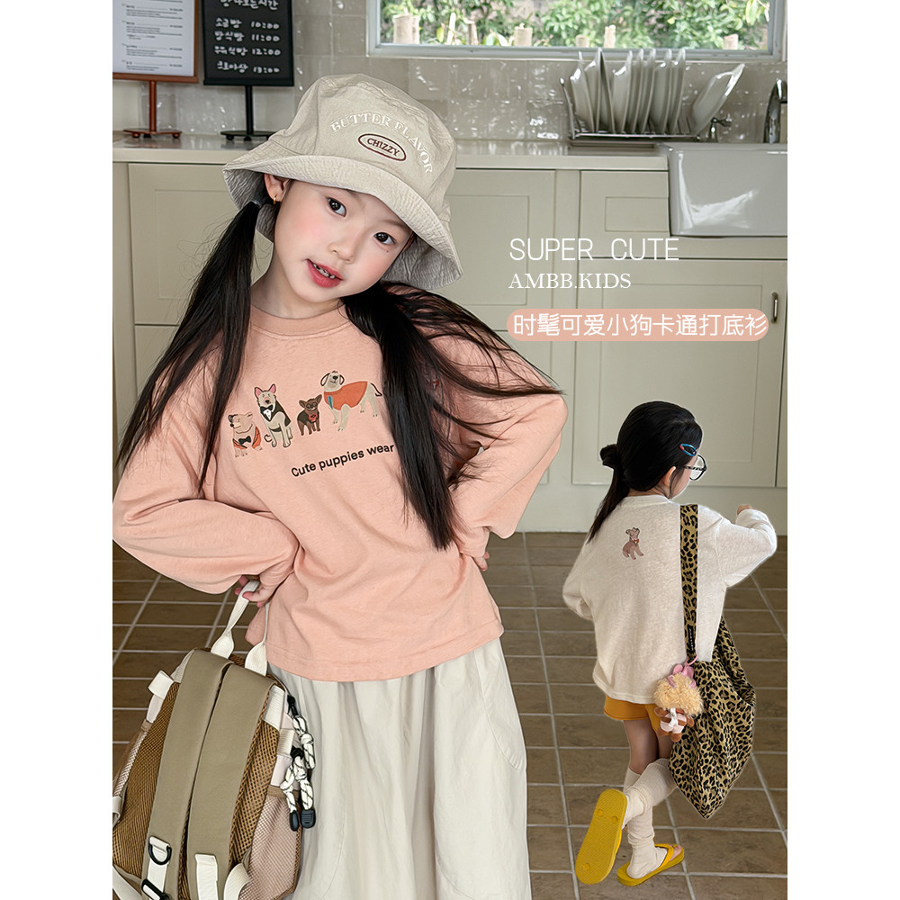 Yima meninas volta filhote de cachorro impresso macio bonito manga comprida camiseta crianças bonito dos desenhos animad