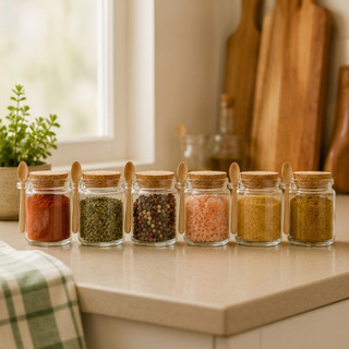 Kit 6 Potes Porta Temperos Vidro Colher Bambu Ótima Vedação Condimentos Cozinha Especiarias Hermético