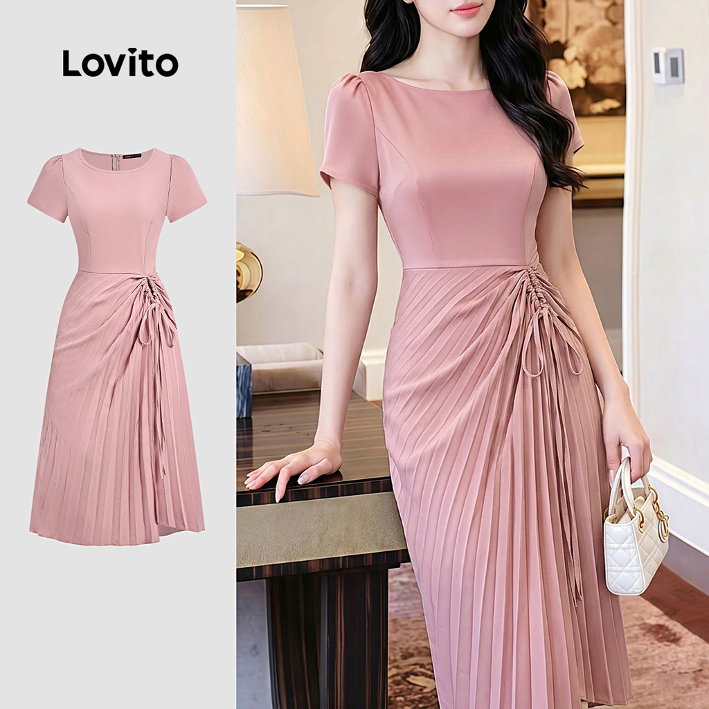 Lovito Vestido Elegante Plissado Rosa Primavera/verão para Mulheres LK6ED227