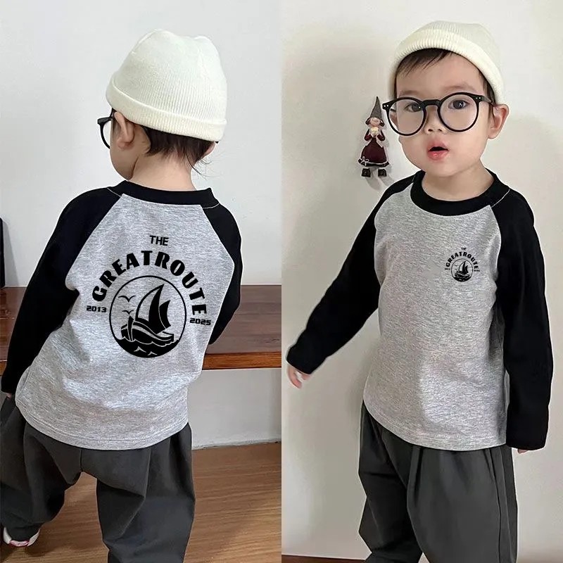 Crianças puro algodão de manga comprida cor-bloqueando camiseta 2025 primavera outono novo estilo dos desenhos animados 