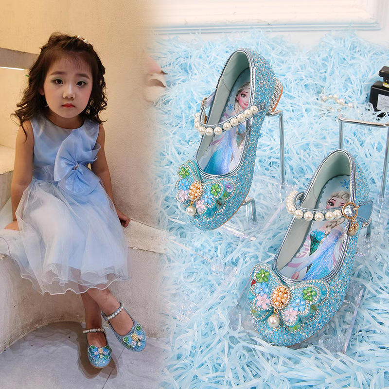 Meninas salto alto 2026 novo estilo Elsa princesa arco pérola sapatos de bebê crianças vestido sapatos de desempenho