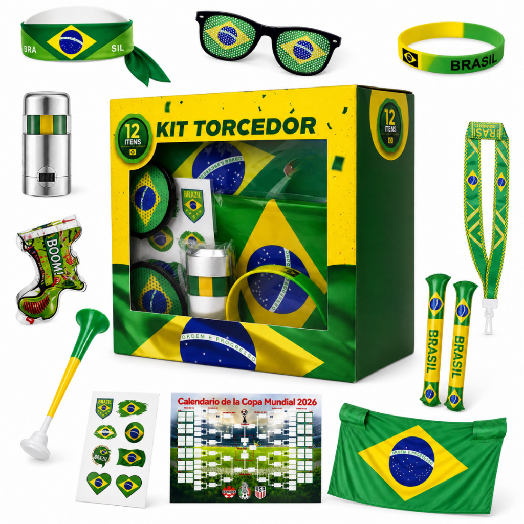 Kit Copa do Mundo 2026 Torcedor de Futebol Brasil 12 Itens Bandeira Comemoração Acessórios