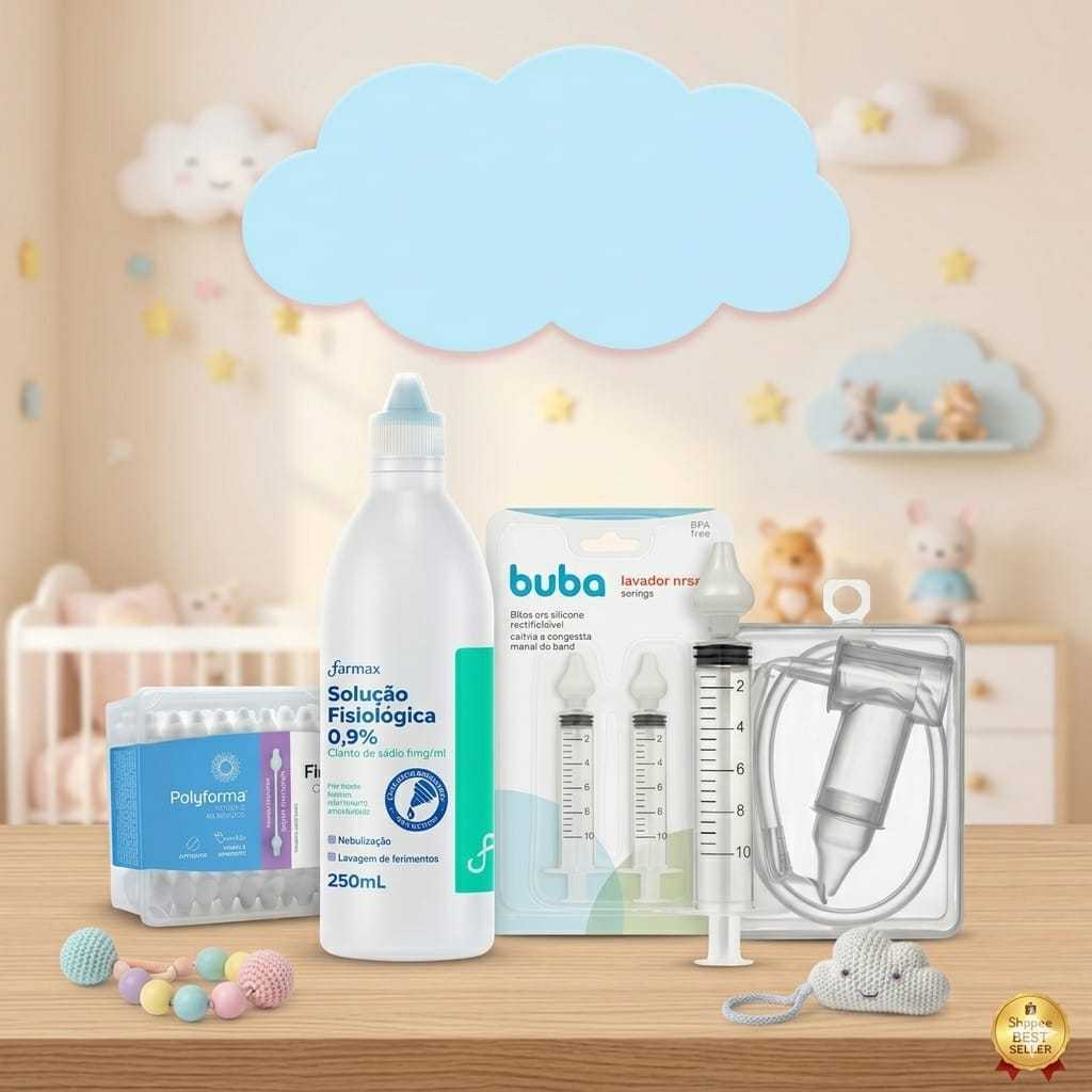 Kit Cuidados Higiene Nasal Bebê Aspirador Nasal Seringas Ponta em Silicone Hastes Flexíveis Soro 5 Ítens