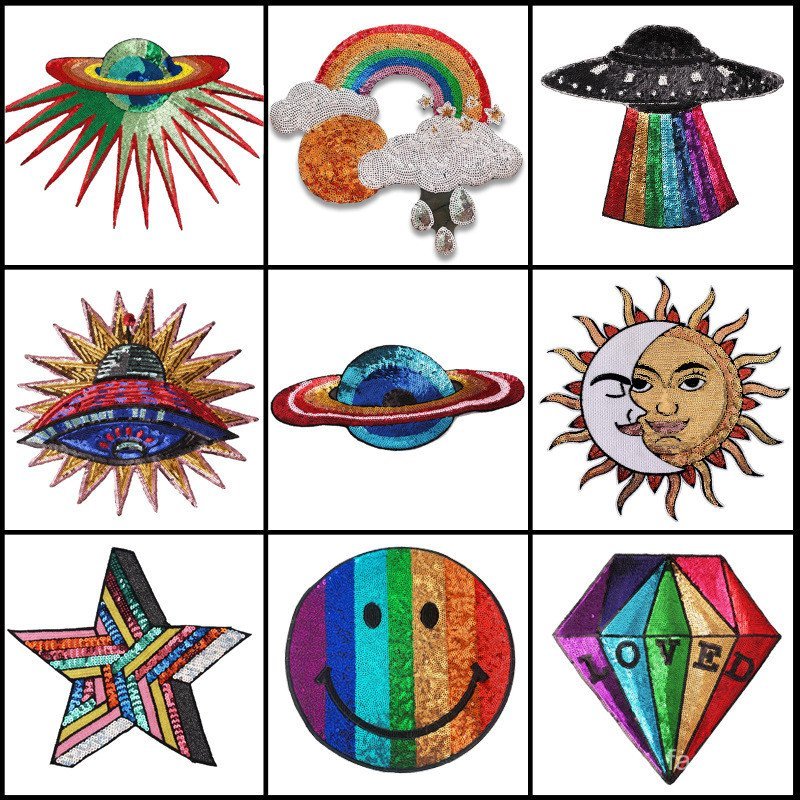 Patches bordados de naves espaciais populares, patches de estrela de cinco pontas, emblemas de rosto sorridente, patches