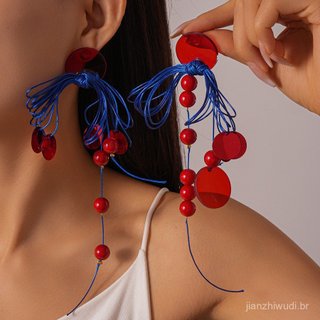 Brincos femininos populares de estilo étnico, em resina, com nós redondos, longas franjas e pino de prata, de nicho retr