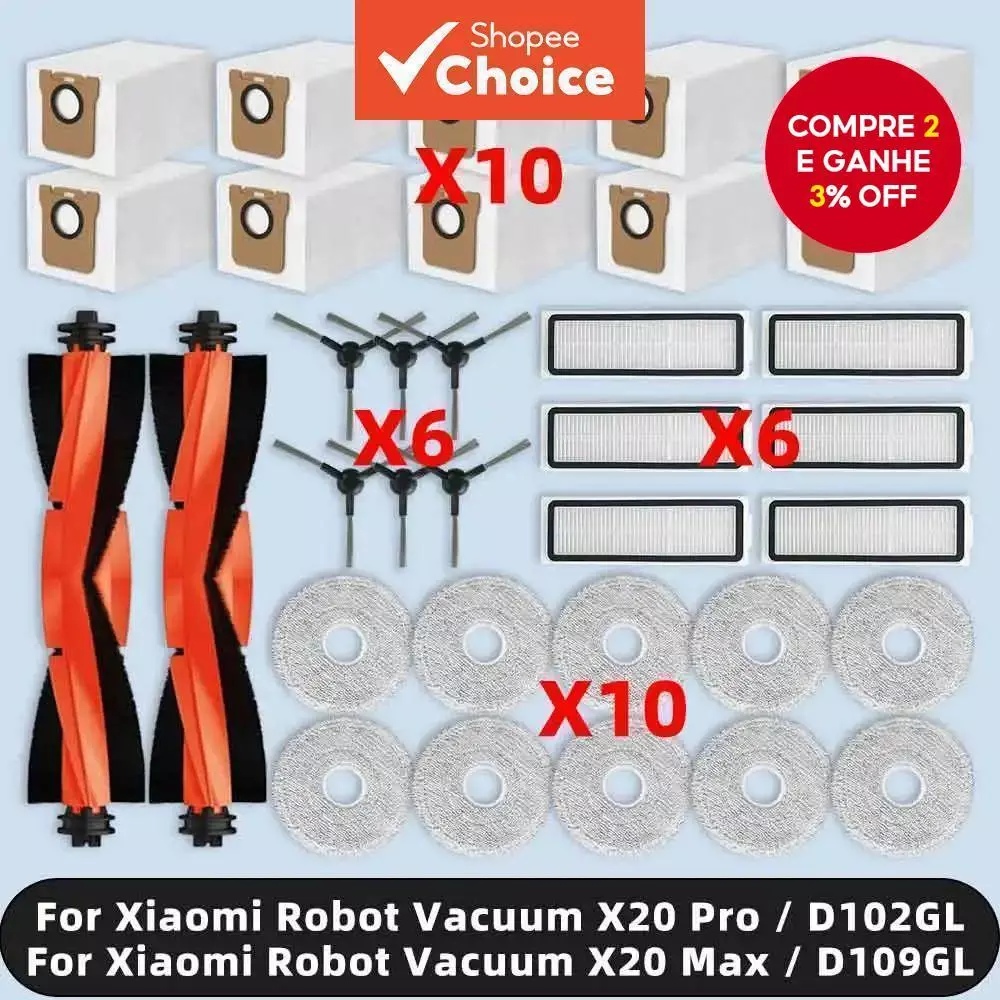 Escova Lateral Principal Filtro Hepa Mop Almofada Saco De Pó Kit Peças Reposição Para Xiaomi Robô Vácuo X20 Pro Max