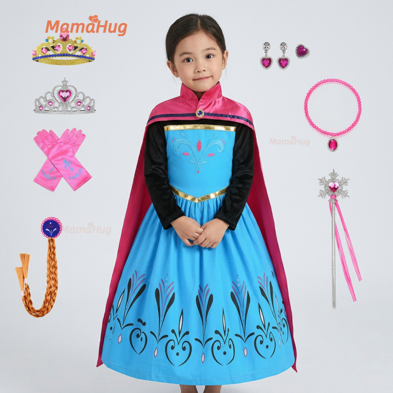 Vestido de Princesa Elsa e Anna de Frozen para Meninas, Manga Longa, Vestido de Festa com Capa Vermelha, Fantasia Infant