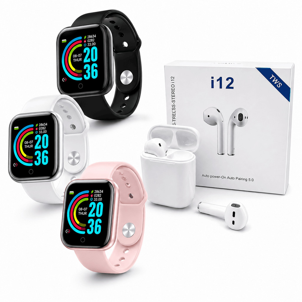 Kit Smartwatch D20S 2024 Relógio Inteligente Fitness Bluetooth Esportivo + Fone Bluetooth i12 TWS