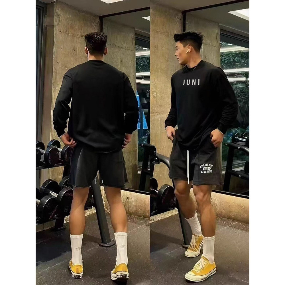 Simples carta impressa camiseta de manga comprida masculina outono estilo americano rua oversize interior solto em torno