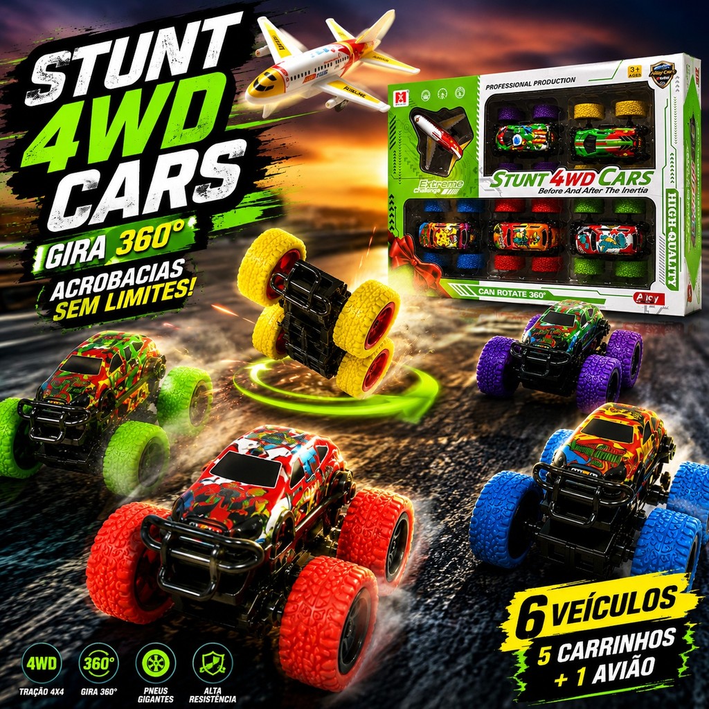 Kit SUV Brinquedos Monster Truck Caminhão Carrinhos Monstro Stunt 360° 4X4 Fricção Miniatura C/Avião