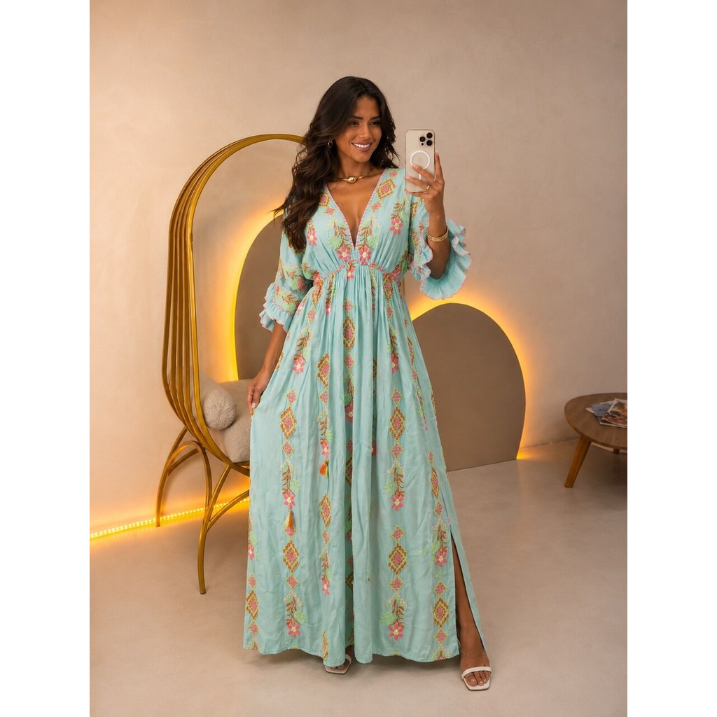 Vestido Longo Boho Bordado Feminino Manga Flare Verão Elegante-6020