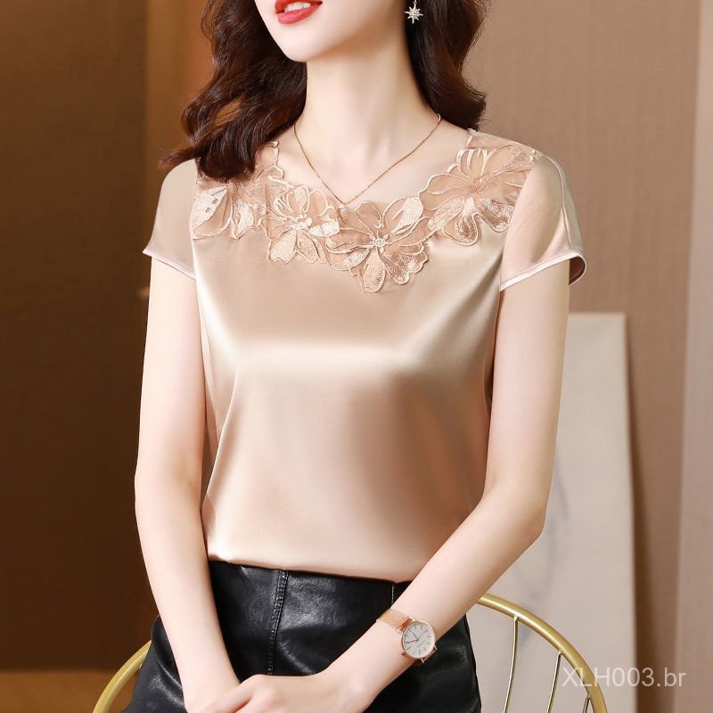 Blusa Feminina de Cetim de Alta Qualidade Estilo Ocidental Manga Curta ZMTX
