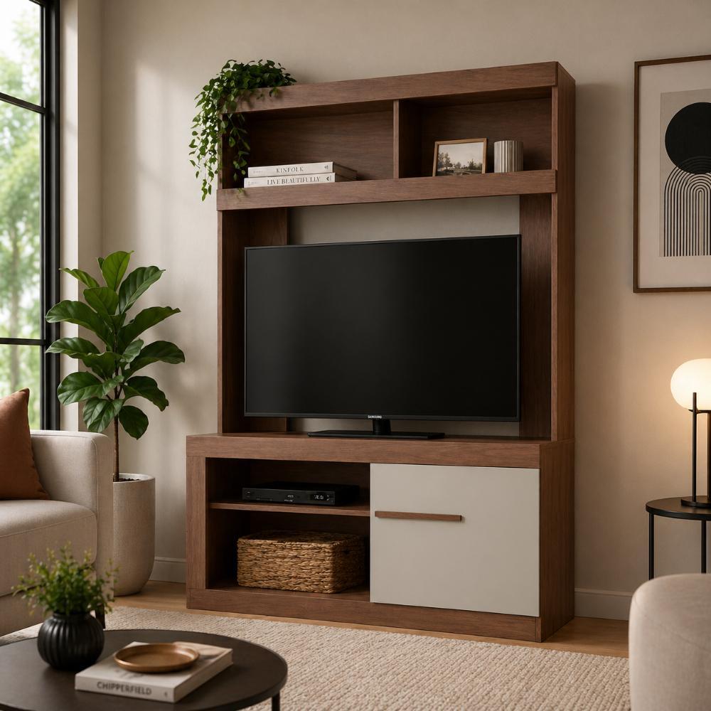 Estante para Sala TV até 50 Polegadas 1 Porta 2 Prateleiras 270cm Cor Marrom/Off White - Decibal Móveis