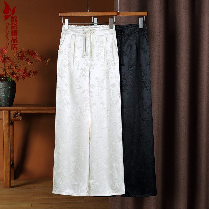 Novo estilo chinês estilo chinês fivela de disco branco Jacquard calças 2024 novo estilo primavera verão cintura alta so