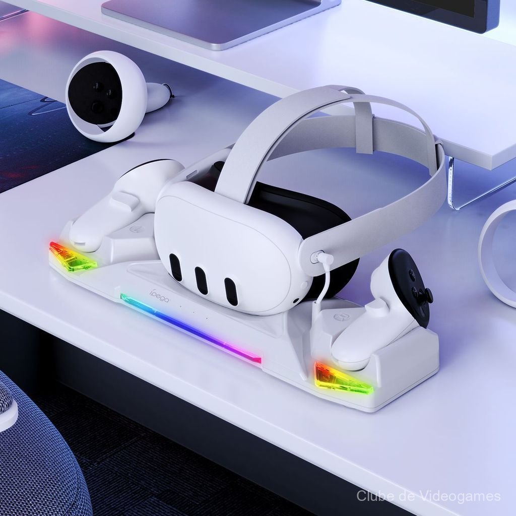 Compatível com óculos VR Quest 3s/Quest 3/Quest 2 e base de carregamento para controladores com base de contato colorida